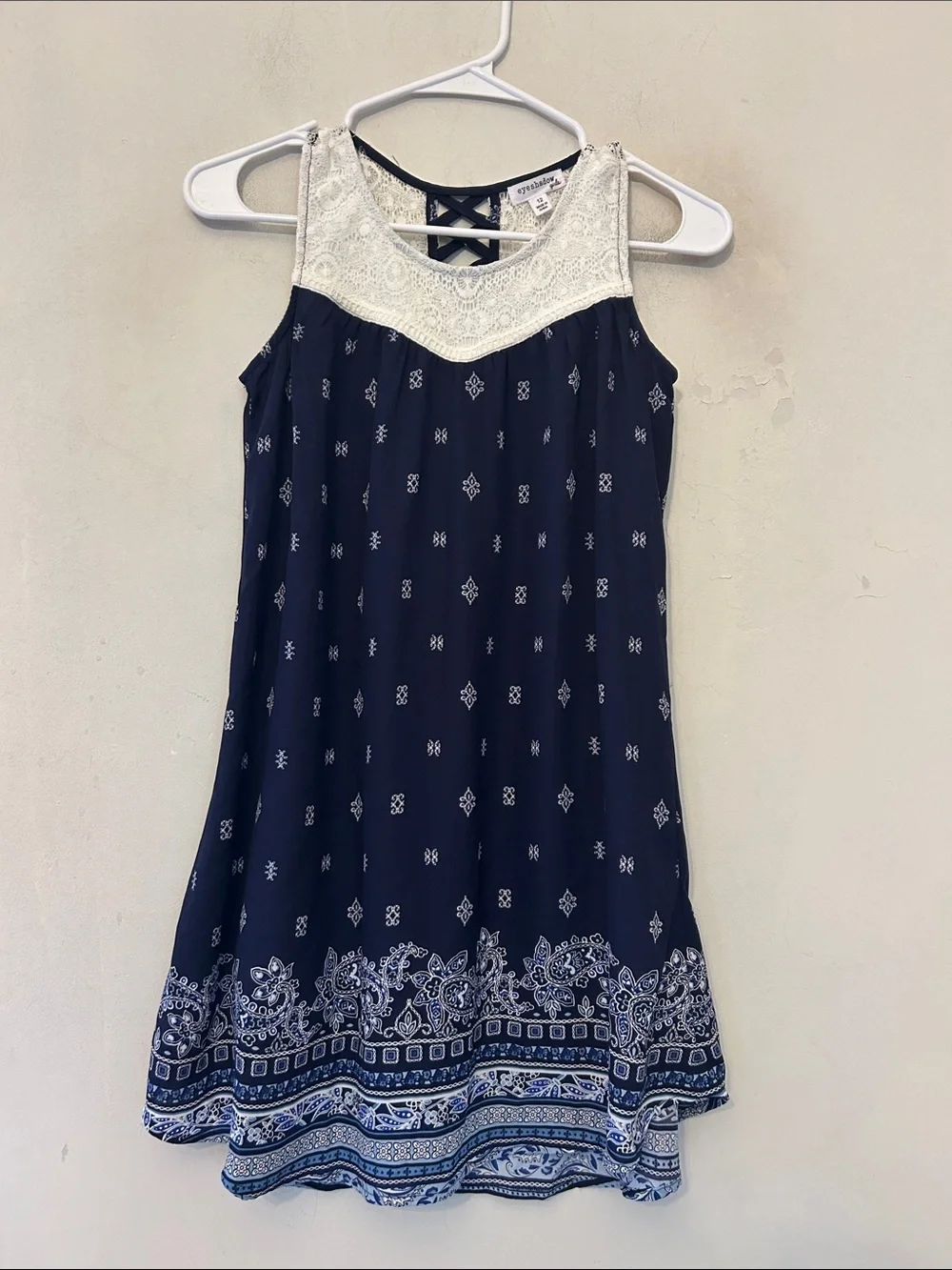 Eyeshadow Girls Navy Blue Lace Yoke Sundress with Border Print Size 12 New